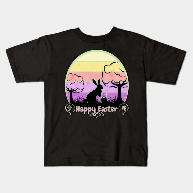 Happy Easter Bunny Badge Retro Sunset Edition Kids T-Shirt by mythikcreationz